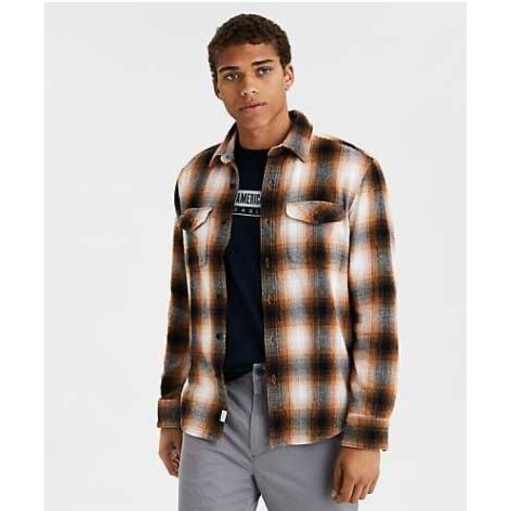 American Eagle Men’s Flannel Shirt Size Large Tall Classic Fit Orange Plaid